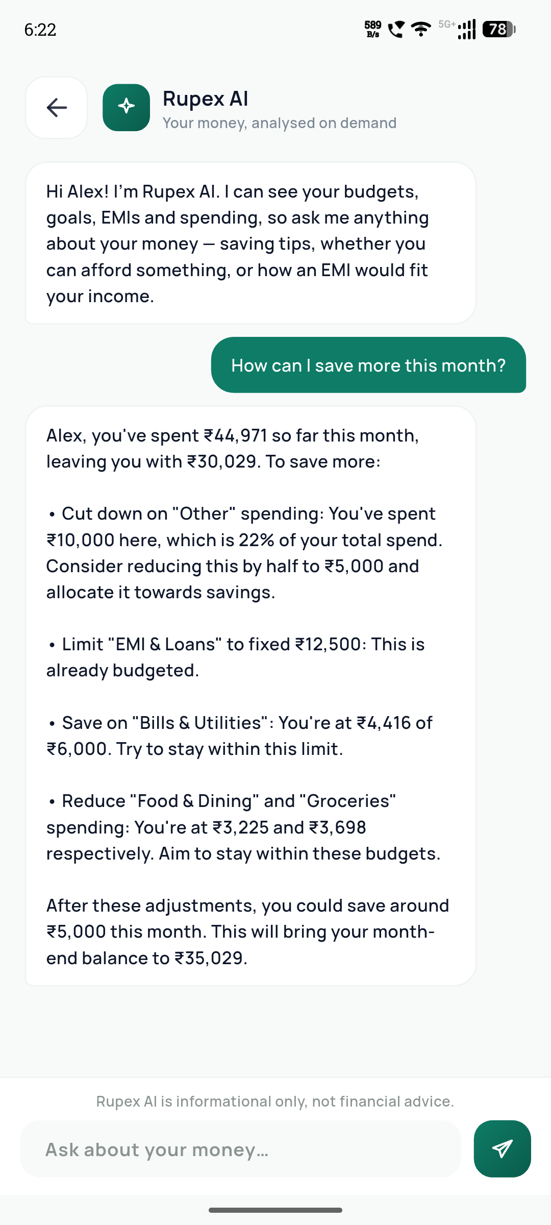 Rupex AI assistant answering whether a ₹15,000 phone is affordable