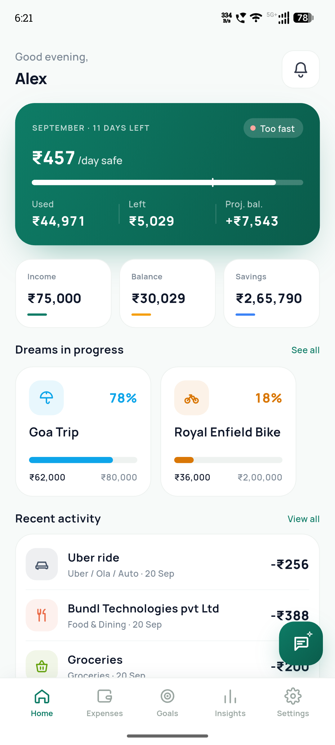 Rupex home screen showing budget, income, balance and savings